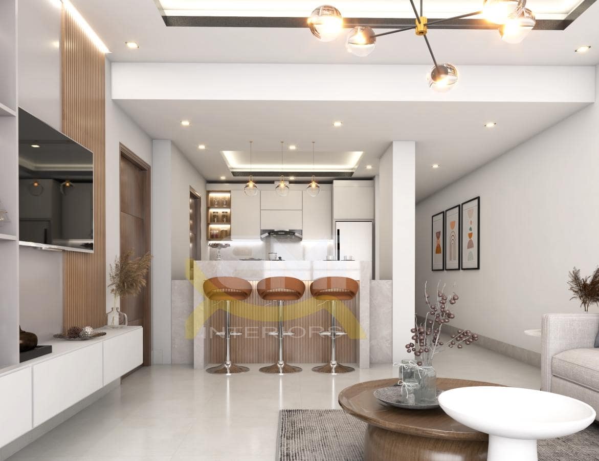 3D model of luxury kitchen interior with brown chairs in Dubai Marina
